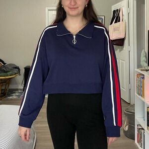 Navy blue cropped quarter zip top with red and white stripes